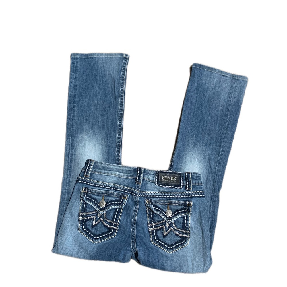 Miss Me Straight-Leg Denim Jeans with Embroidery — Blue, Size 29